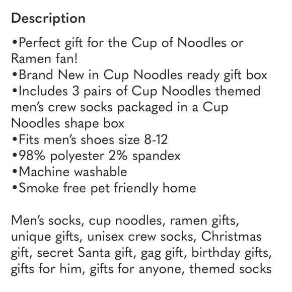 Cup Noodles Themed Men’s 3-Pair Crew Socks - Size 8-12 - Picture 9 of 10